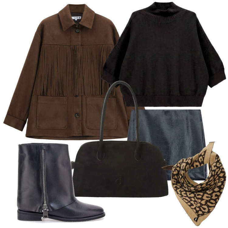 Outfit donna - Otyobre. Stile Trendy per Tutti i giorni. Abbinamento con maglieria, minigonne, cappotti, borse a spalla, foulard, stivaletti.
