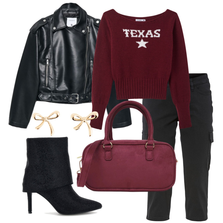 Outfit donna - Ottobre. Stile Trendy per Tutti i giorni. Abbinamento con maglieria, borse a tracolla, giacche, pantaloni, orecchini, stivaletti.