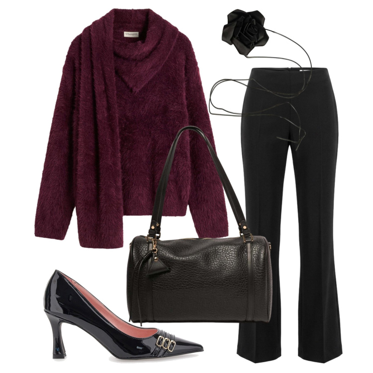 Outfit donna - Ottobre. Stile Glamour per Serata fuori. Abbinamento con pantaloni, collane, borse a spalla, pullovers, décolleté.