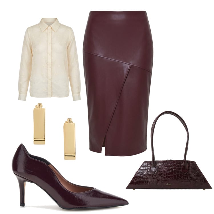 Outfit donna - Bordeaux che passione!. Stile Casual chic per Ufficio. Abbinamento con orecchini, gonne longuette, borse a spalla, camicie, décolleté.