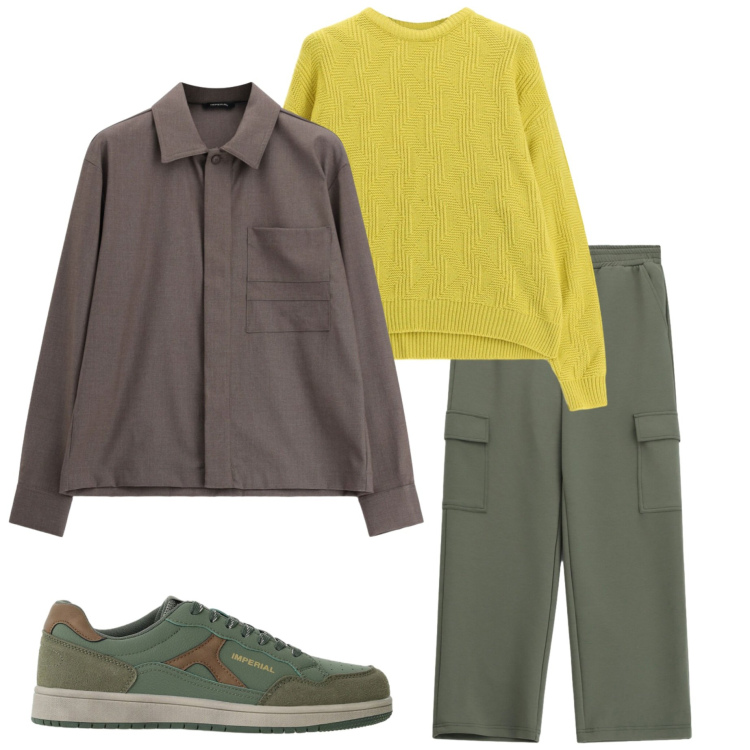 Outfit uomo - Imperial style. Stile Trendy per Tutti i giorni. Abbinamento con maglieria, cappotti, sneakers, pantaloni cargo.