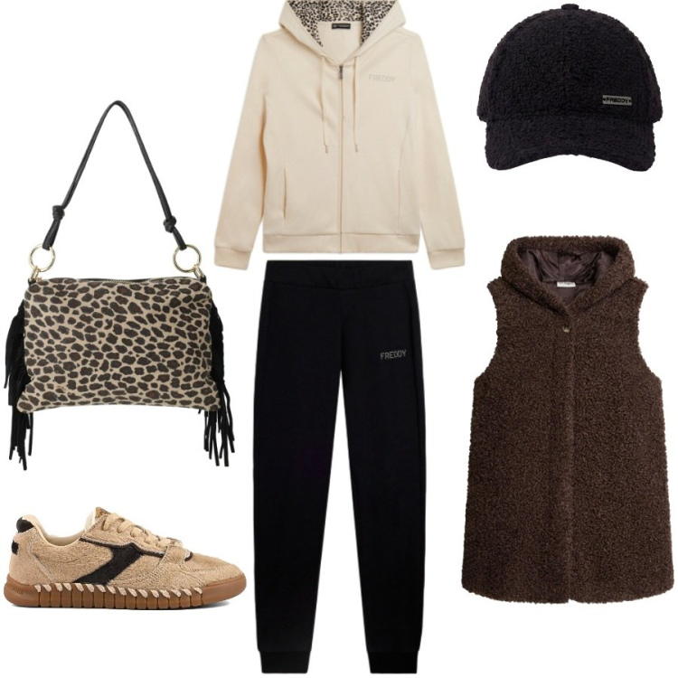 Outfit donna - Weekend sporty chic. Stile Sporty chic per Tutti i giorni. Abbinamento con tute, cappelli con visiera, borse a spalla, gilet, sneakers.