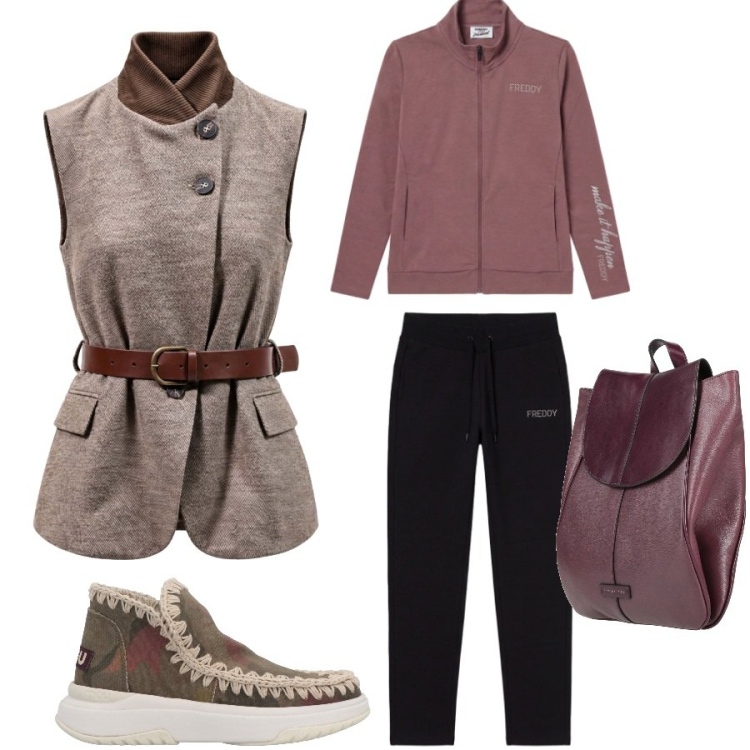 Outfit donna - Weekend fuori città. Stile Sporty chic per Tutti i giorni. Abbinamento con gilet, tute, stivaletti, zaini.
