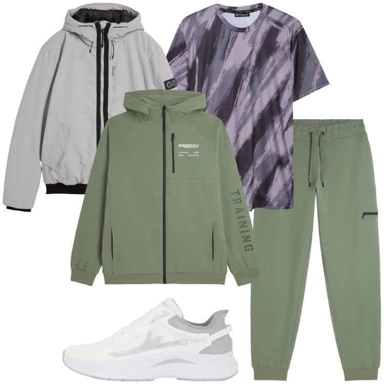 Outfit uomo - Una corsa al mattino. Stile Casual per Sport. Abbinamento con t-shirt, sneakers, felpe con cappuccio, pantaloni sportivi, bomber.