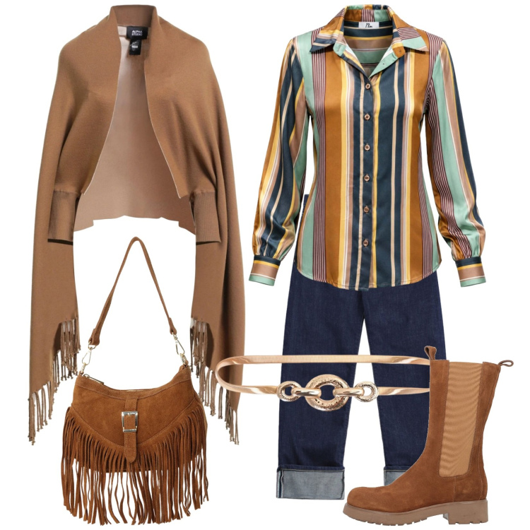 Outfit donna - Total look #2494489. Stile Trendy per Tutti i giorni. Abbinamento con camicie, borse a spalla, jeans dritti, cinture, cappe, stivali.