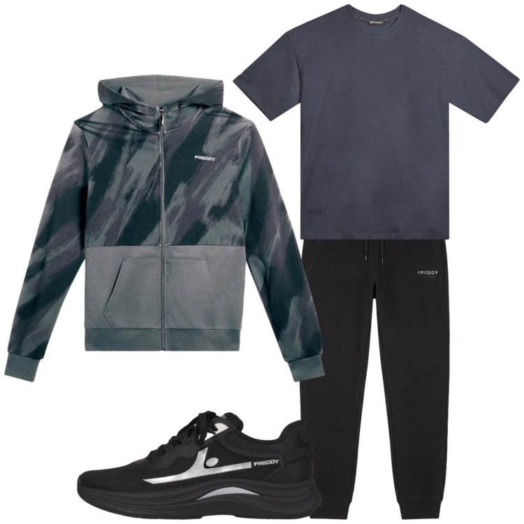 Outfit uomo - Total look #2494491. Stile Casual per Sport. Abbinamento con t-shirt, felpe con cappuccio, sneakers, pantaloni.