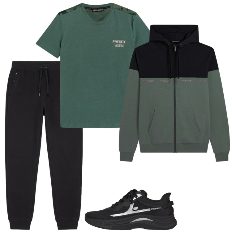 Outfit uomo - Sport. Stile Casual per Sport. Abbinamento con t-shirt, felpe con cappuccio, sneakers, pantaloni.