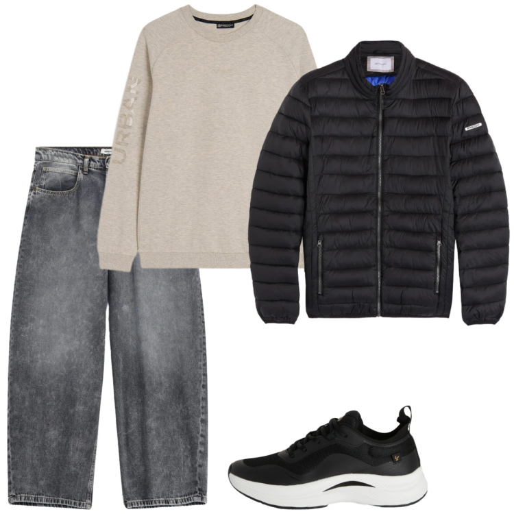 Outfit uomo - Young. Stile Casual per Tutti i giorni. Abbinamento con jeans, felpe, sneakers, piumini.