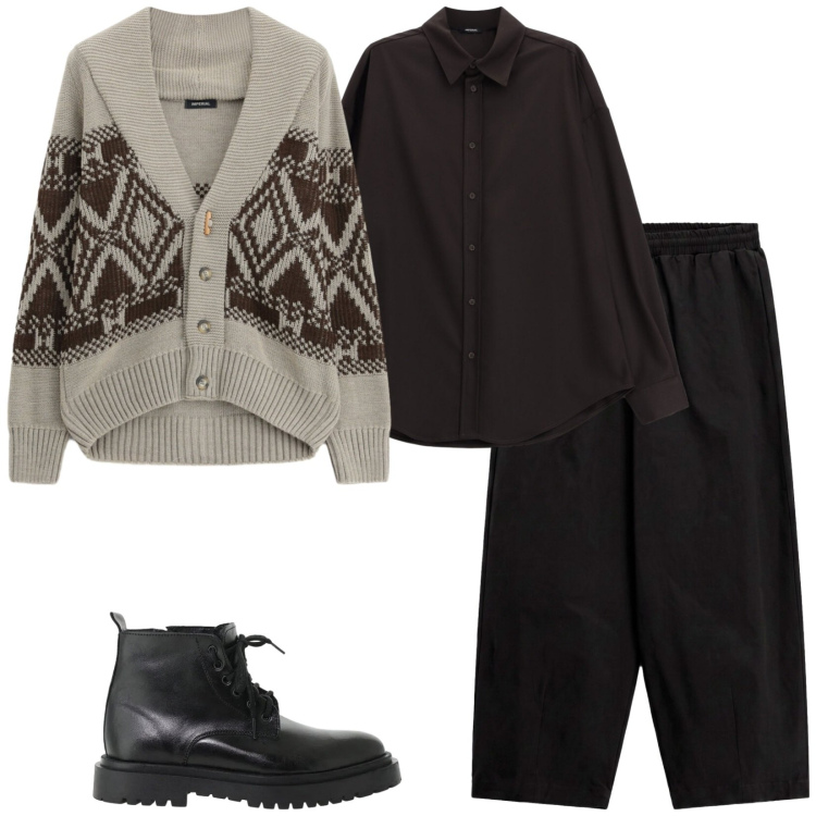 Outfit uomo - Trendy. Stile Trendy per Serata speciale. Abbinamento con cardigans, anfibi, camicie, pantaloni a palazzo.