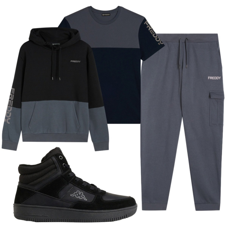Outfit uomo - Total look #2494509. Stile Casual per Sport. Abbinamento con pantaloni cargo, felpe con cappuccio, t-shirt, sneakers alte.