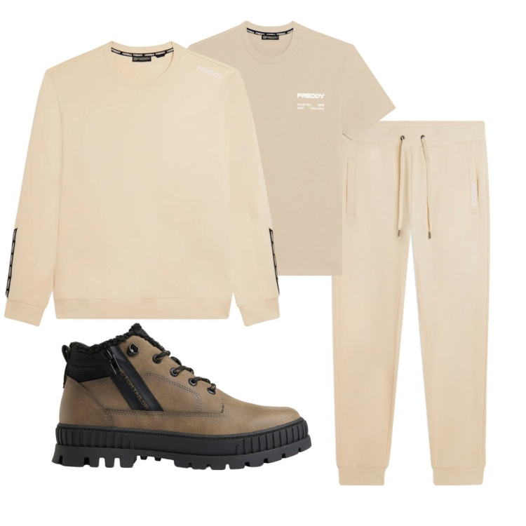 Outfit uomo - Total look #2494511. Stile Casual per Tutti i giorni. Abbinamento con t-shirt, felpe, pantaloni, stivali e stivaletti.