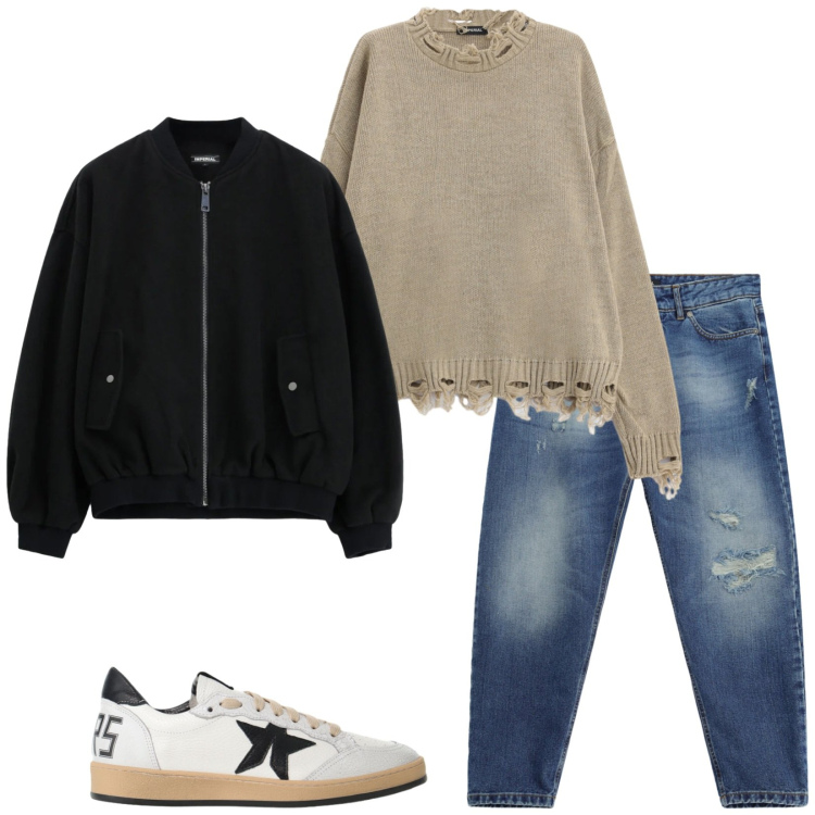 Outfit uomo - Self confidence. Stile Trendy per Tutti i giorni. Abbinamento con jeans strappati, maglieria, sneakers, bomber.