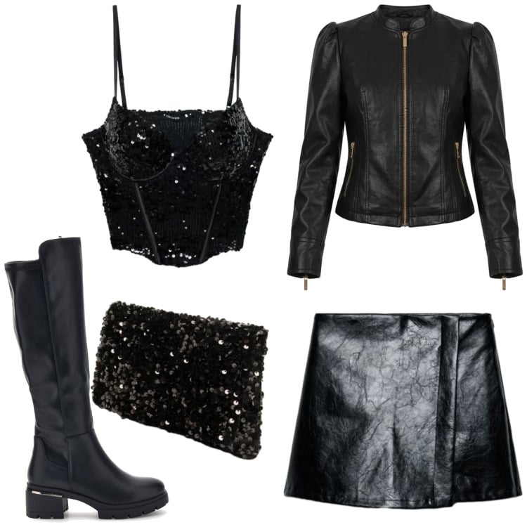 Outfit donna - Gothic glam. Stile Glamour per Serata fuori. Abbinamento con giacche, pochette, top, minigonne, stivali.