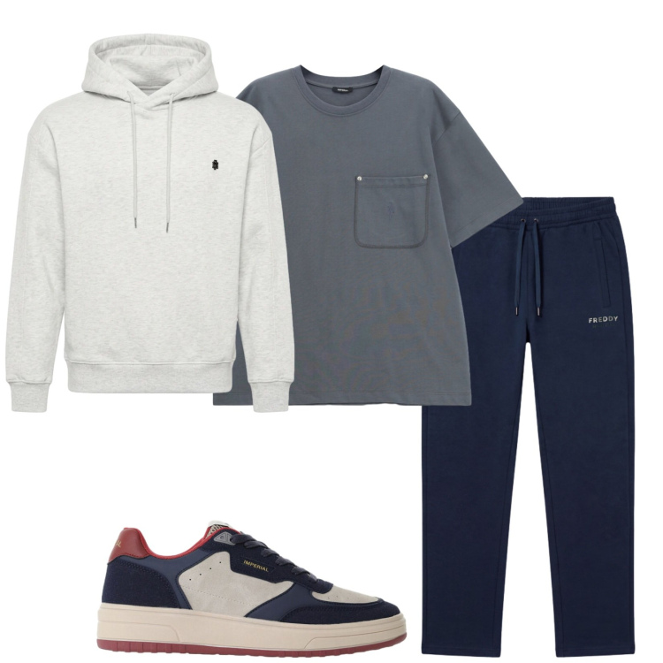 Outfit uomo - Mix and match. Stile Casual per Sport. Abbinamento con felpe con cappuccio, sneakers, t-shirt, pantaloni.
