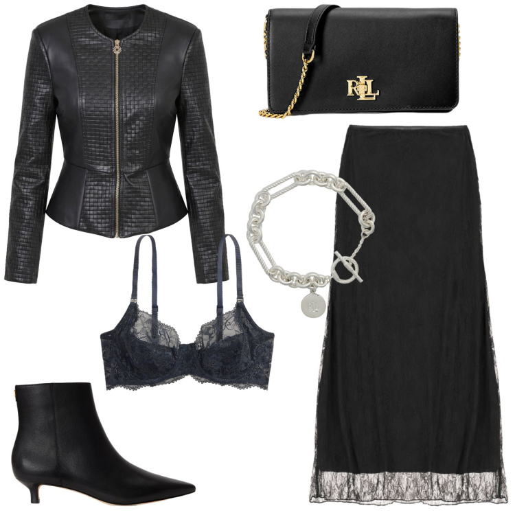 Outfit donna - Stilosa in nero. Stile Glamour per Serata fuori. Abbinamento con braccialetti, borse a tracolla, stivaletti, reggiseni, giacche, gonne lunghe.