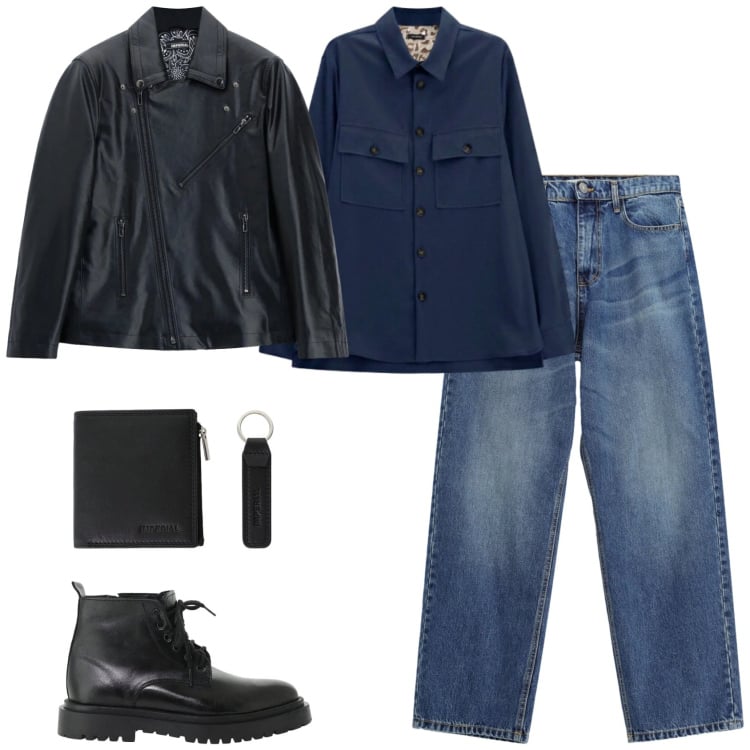 Outfit uomo - Denim & Leather. Stile Biker Rock per Tutti i giorni. Abbinamento con giacche, jeans, camicie, anfibi, portafogli.