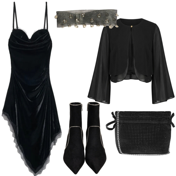 Outfit donna - Dark dress per halloween. Stile Sexy per Serata fuori. Abbinamento con stivaletti, blazer, collane, vestiti asimmetrici, borse a tracolla.