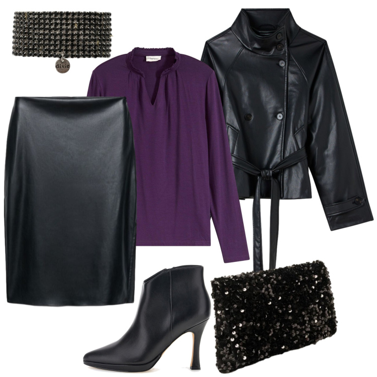 Outfit donna - Movie icon: party glam. Stile Glamour per Serata fuori. Abbinamento con braccialetti, pochette, giacche, gonne longuette, bluse, stivaletti.