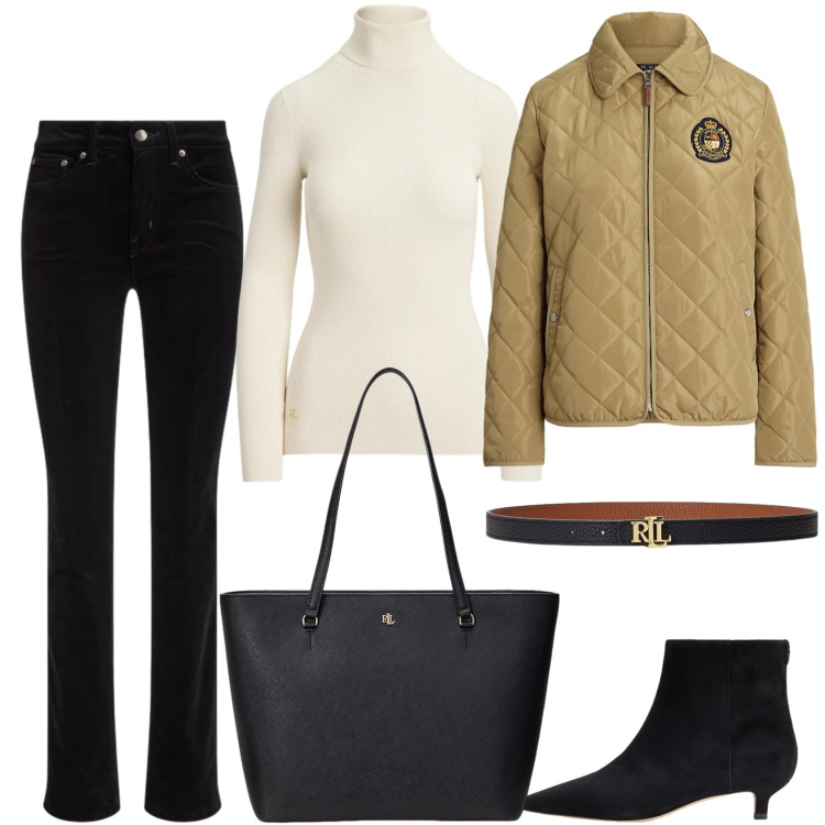Outfit donna - La Capsule Wardrobe. Stile Casual chic per Tutti i giorni. Abbinamento con cinture, giacche, pullovers, borse tote, stivaletti, pantaloni.
