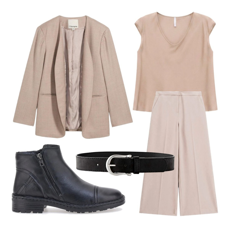 Outfit donna - dal mattino alla sera. Stile Mannish per Tutti i giorni. Abbinamento con t-shirt, pantaloni a palazzo, cinture, stivaletti, blazer.