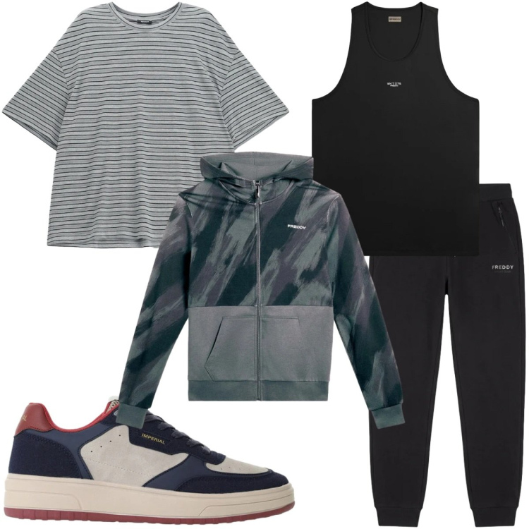 Outfit uomo - Total look #2494570. Stile Trendy per Sport. Abbinamento con t-shirt, sneakers, felpe con cappuccio, canottiere, pantaloni.