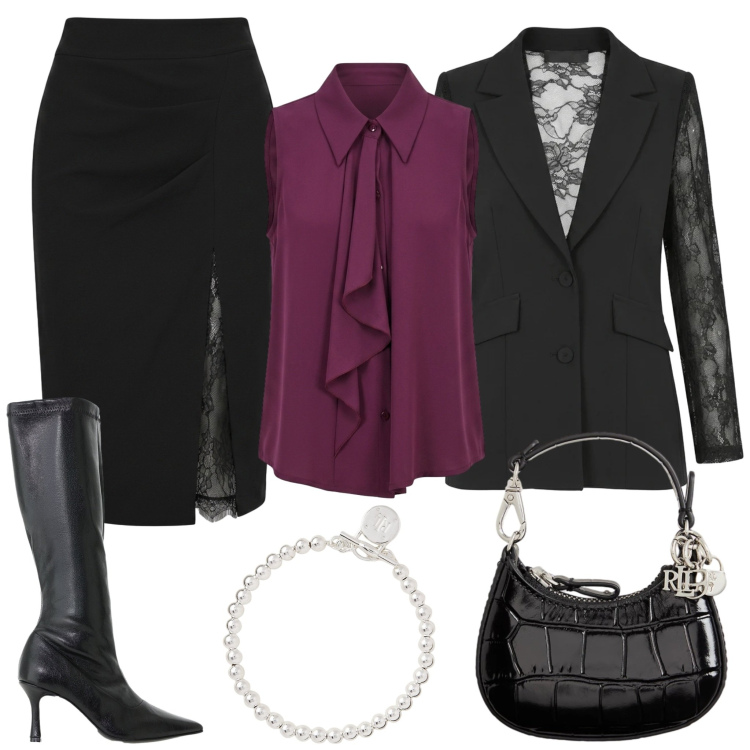 Outfit donna - Glamour per il Party di Halloween. Stile Glamour per Serata fuori. Abbinamento con stivali, braccialetti, portachiavi, blazer, top, gonne longuette.