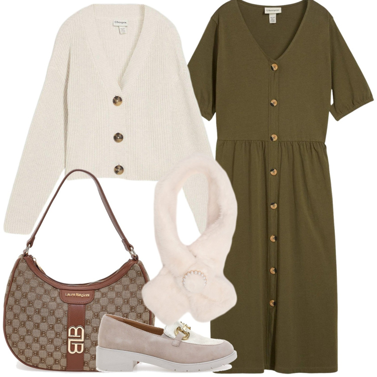 Outfit donna - Total look #2494575. Stile Casual chic per Tutti i giorni. Abbinamento con sciarpe, cardigans, borse a spalla, mocassini, vestiti midi/longuette.