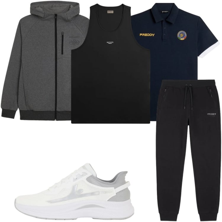 Outfit uomo - Total look #2494581. Stile Trendy per Sport. Abbinamento con sneakers, felpe con cappuccio, polo, canottiere, pantaloni.