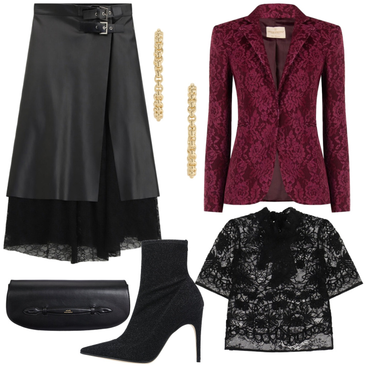 Outfit donna - Gotica per una serata speciale. Stile Glamour per Serata fuori. Abbinamento con top, clutch, orecchini, blazer, gonne longuette, stivaletti.