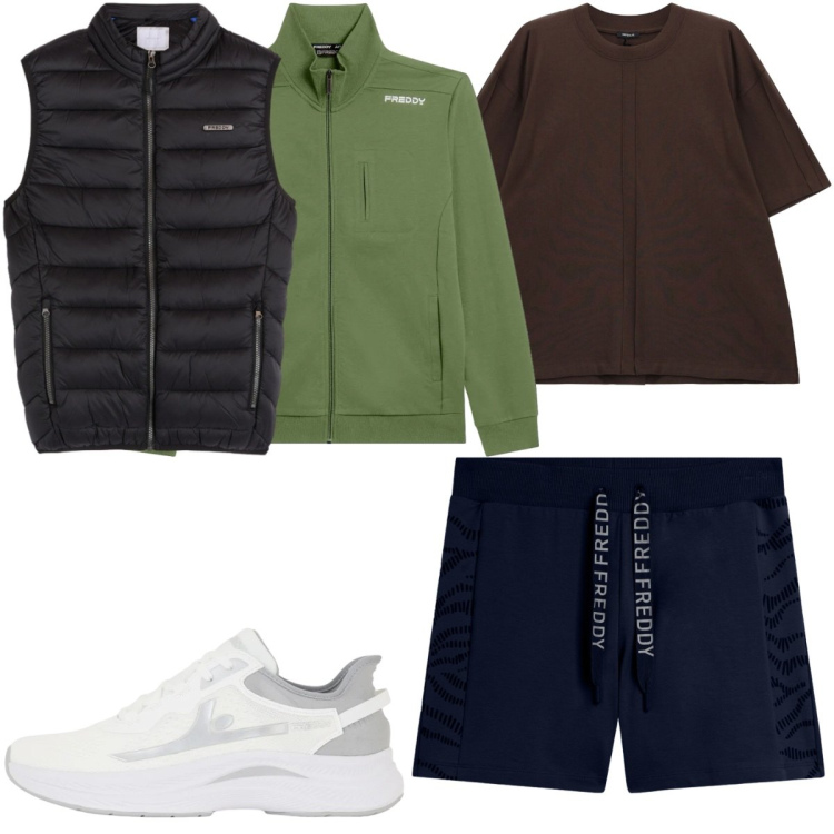 Outfit uomo - Total look #2494584. Stile Trendy per Sport. Abbinamento con t-shirt, piumini, sneakers, shorts, felpe.