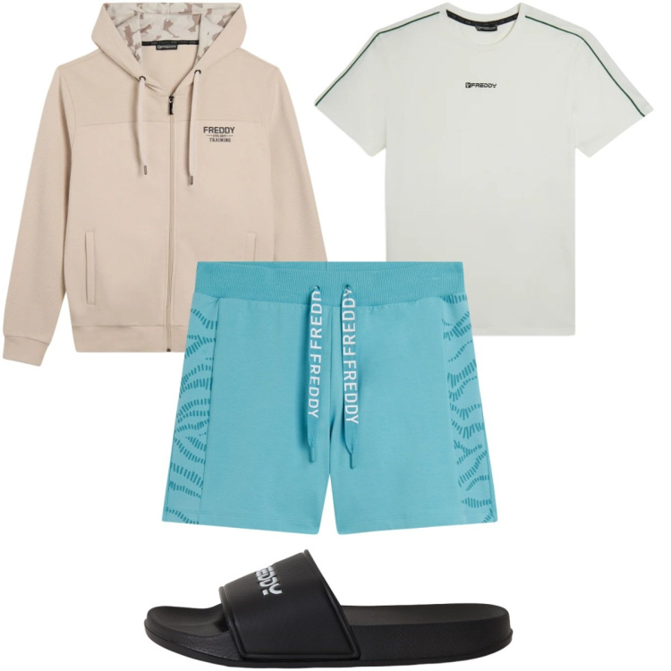 Outfit uomo - Total look #2494587. Stile Trendy per Mare. Abbinamento con t-shirt, felpe con cappuccio, shorts, sandali.