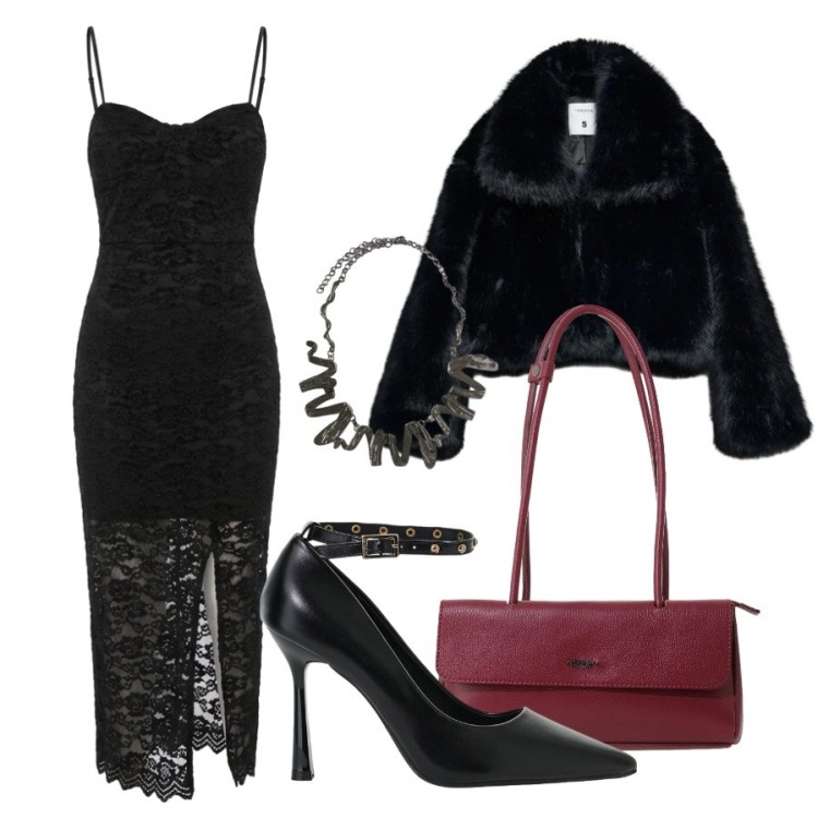 Outfit donna - Halloween in pizzo. Stile Trendy per Serata fuori. Abbinamento con décolleté, ciondoli, borse a spalla, vestiti, blazer.