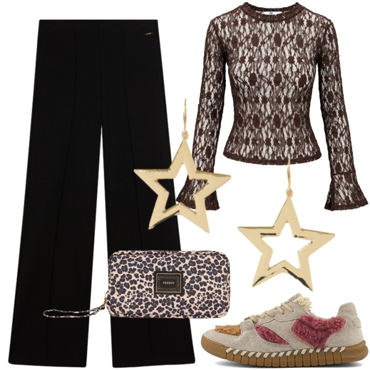 Outfit donna - Al cinema. Stile Casual per Serata fuori. Abbinamento con top, orecchini, pantaloni, valigie, sneakers.