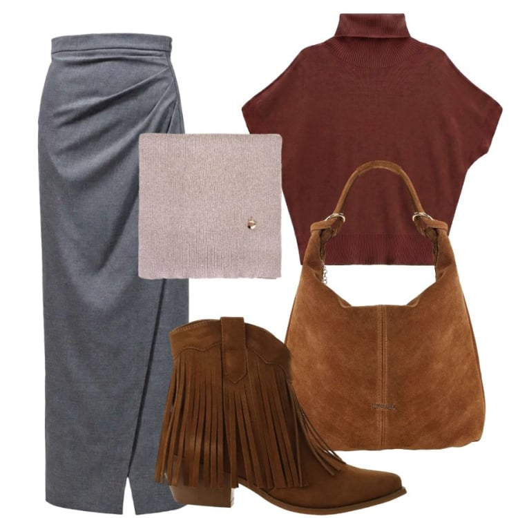Outfit donna - Gonna lunga e stivaletti con frange. Stile Trendy per Tutti i giorni. Abbinamento con gonne lunghe, pullovers, stivaletti texani, borse a spalla, sciarpe.