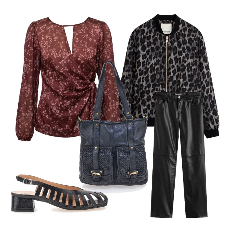 Outfit donna - Aperitivo serale. Stile Glamour per Serata fuori. Abbinamento con bluse, pantaloni, décolleté, borse a spalla, bomber.