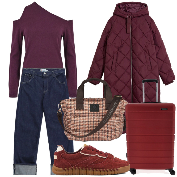 Outfit donna - Weekend out of Town. Stile Basic per Tutti i giorni. Abbinamento con jeans dritti, maglieria, borse tote, blazer, valigie, sneakers.