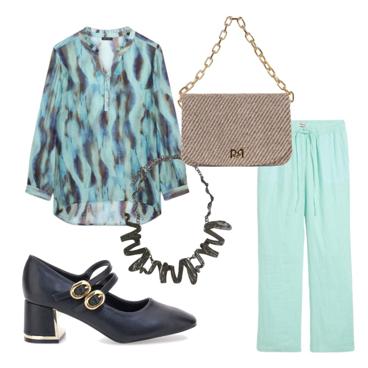 Outfit donna - Aperitivo d’ottobre. Stile Glamour per Serata fuori. Abbinamento con bluse, ciondoli, borse a spalla, décolleté, pantaloni.