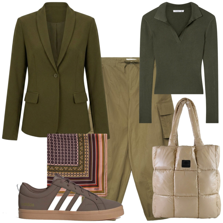 Outfit donna - Weekend out of Town. Stile Basic per Tutti i giorni. Abbinamento con foulard, shopping bag, blazer, pantaloni cargo, maglieria, sneakers.