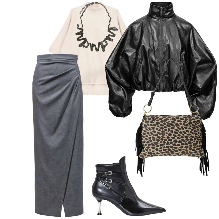 Outfit donna - Sabato sera. per Serata fuori. Abbinamento con gonne lunghe, bomber, borse a spalla, maglieria, ciondoli, stivaletti.