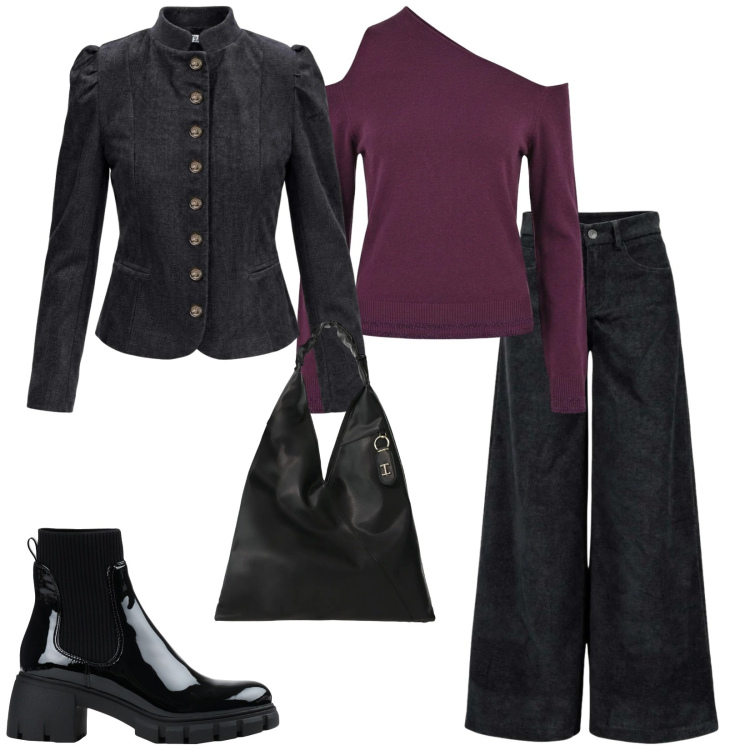 Outfit donna - In settimana. per Tutti i giorni. Abbinamento con pantaloni a palazzo, blazer, borse a spalla, maglieria, stivaletti.