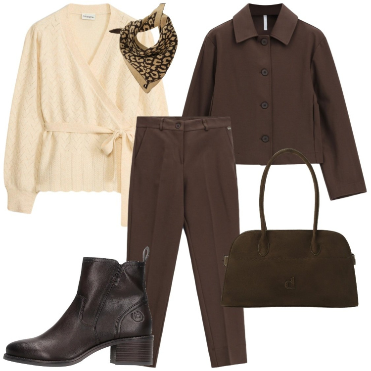 Outfit donna - Dopo ufficio apericena. Stile Chic per Ufficio. Abbinamento con pantaloni, cappotti, borse a spalla, foulard, maglieria, stivaletti.