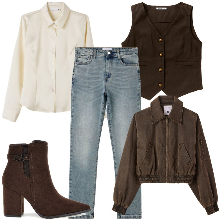 Outfit donna - Ufficio e poi al pub. Stile Casual chic per Ufficio. Abbinamento con gilet, camicie, bomber, jeans slim fit, stivaletti.