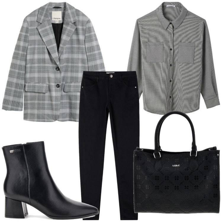 Outfit donna - Total look #2494626. Stile Chic per Ufficio. Abbinamento con camicie, pantaloni skinny, borse a tracolla, stivaletti, blazer.