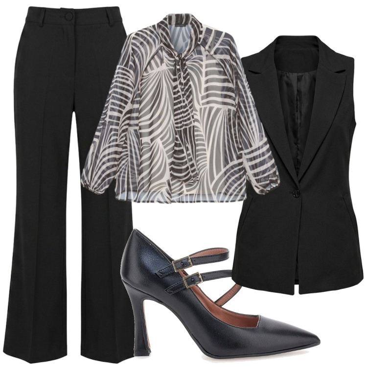 Outfit donna - Serate. Stile Chic per Serata fuori. Abbinamento con bluse, pantaloni, gilet, décolleté.