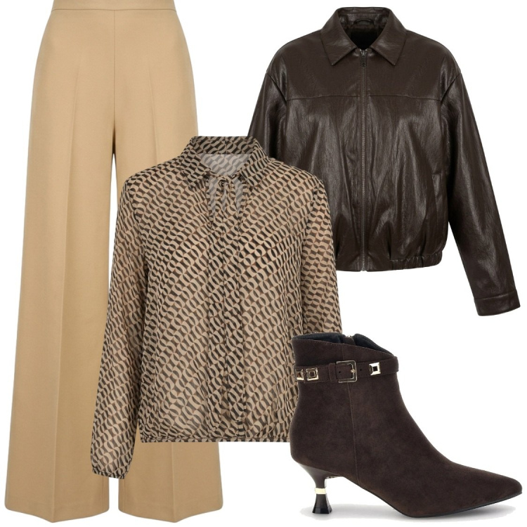 Outfit donna - Aperitivo time. Stile Chic per Serata fuori. Abbinamento con bomber, pantaloni a palazzo, bluse, stivaletti.