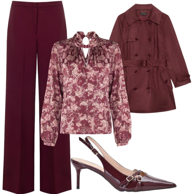 Outfit donna - Aperitivo dress idea. Stile Chic per Serata fuori. Abbinamento con trench, décolleté, bluse, pantaloni a palazzo.