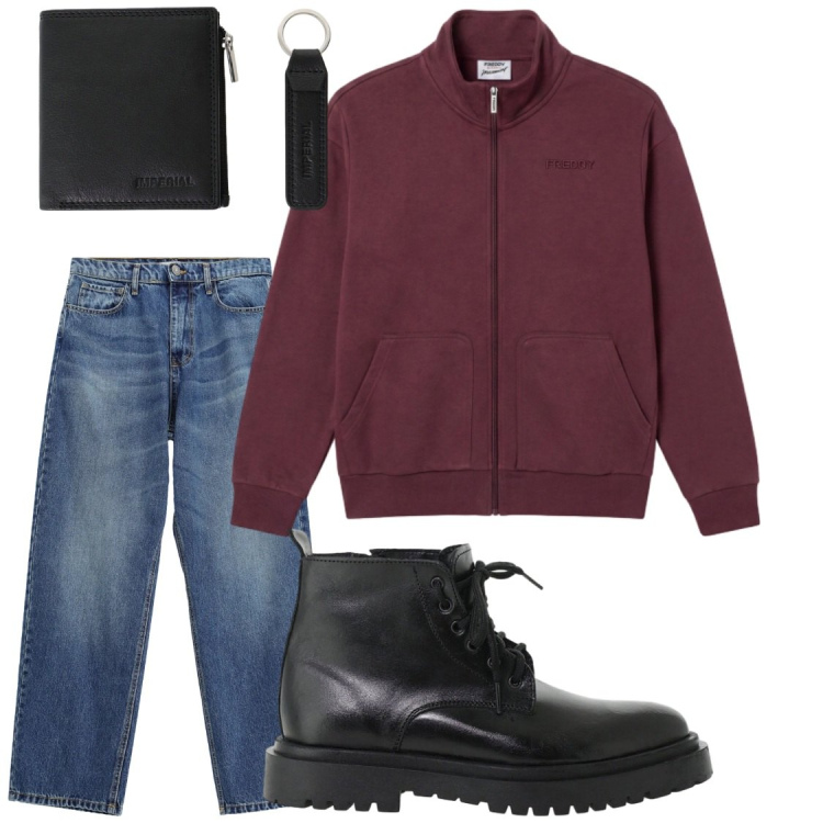 Outfit uomo - Total look #2494640. Stile Trendy per Tutti i giorni. Abbinamento con jeans, anfibi, portafogli, felpe.
