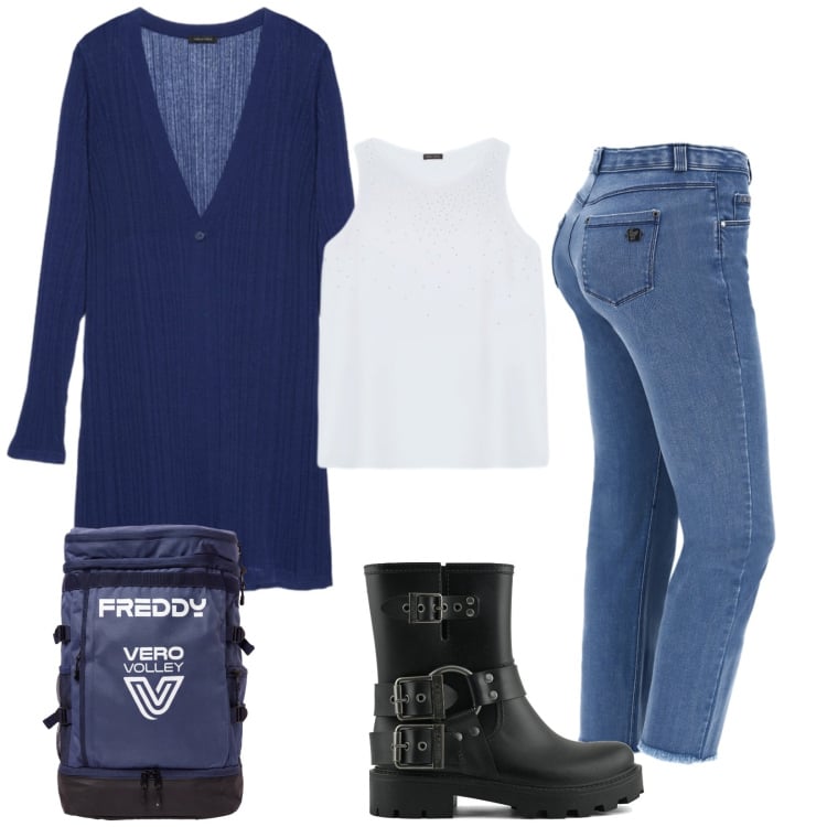 Outfit donna - Total look #2494642. Stile Sporty chic per Tutti i giorni. Abbinamento con top, blazer, jeans, zaini, stivali.