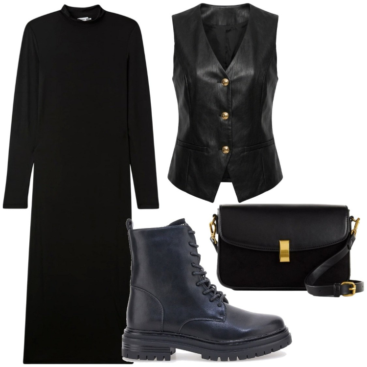 Outfit donna - Total look #2494644. Stile Chic per Serata fuori. Abbinamento con gilet, vestiti lunghi, borse a mano, anfibi.