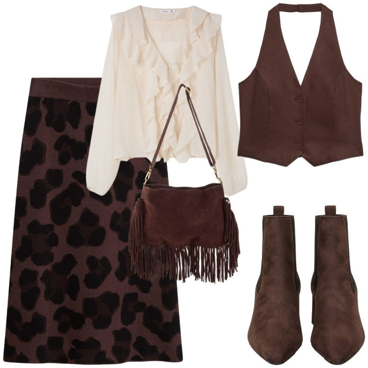 Outfit donna - Autunno in stile boho. Stile Chic per Serata fuori. Abbinamento con stivaletti, bluse, gilet, gonne, borse a tracolla.